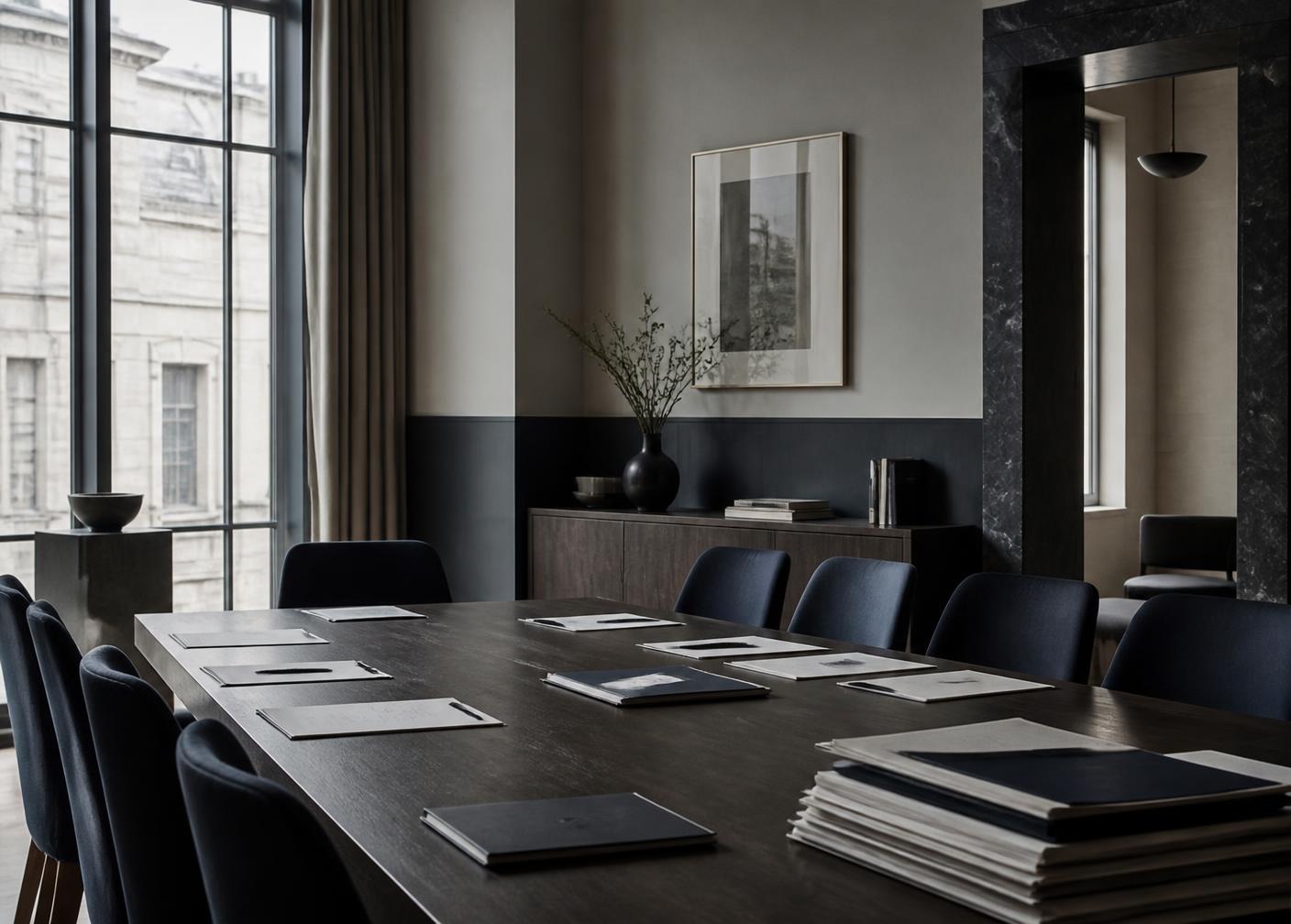 Empty meeting table in a contemporary institutional interior with prepared document folders