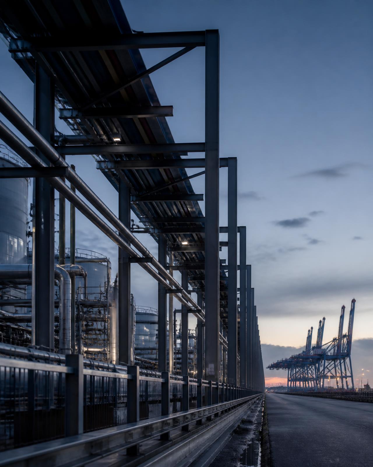 Industrial process facility with repeating steel pipe racks receding towards container terminal cranes at dusk