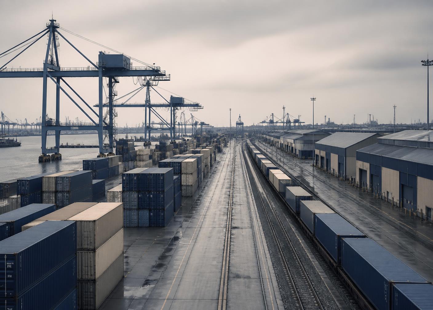 Port and logistics infrastructure with cranes and containers under an overcast sky